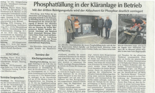 H2Ortner Inbetriebnahme LaDos Kläranlage Sünching Zeitungsausschnitt LaDos Inbetriebnahme in Sünching